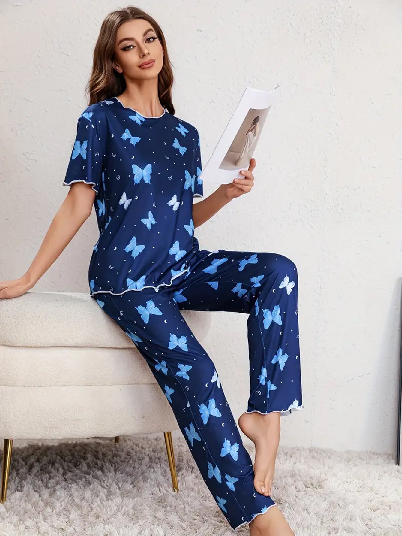Casual Butterfly Print Lettuce Trim Lounge Set
