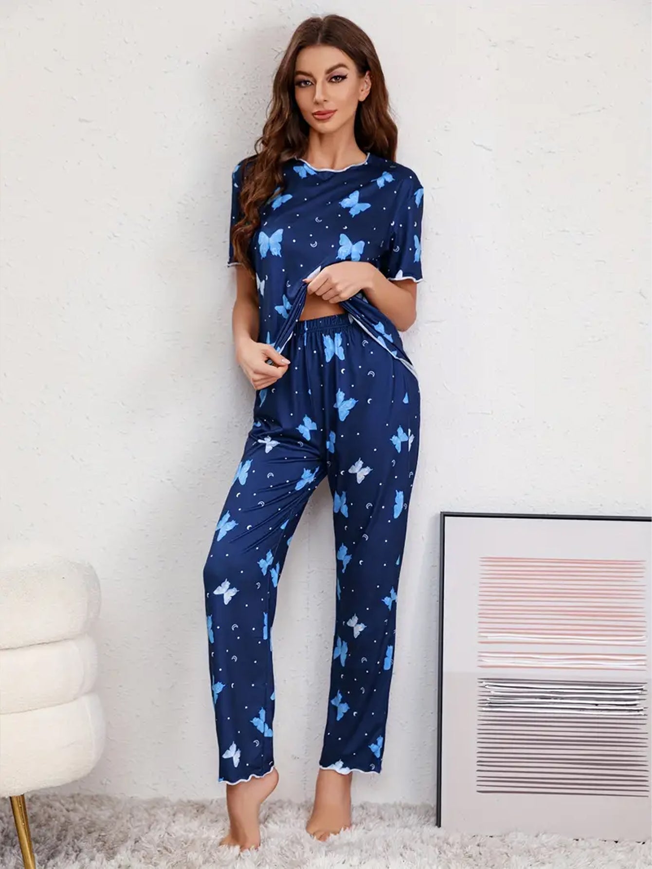 Casual Butterfly Print Lettuce Trim Lounge Set