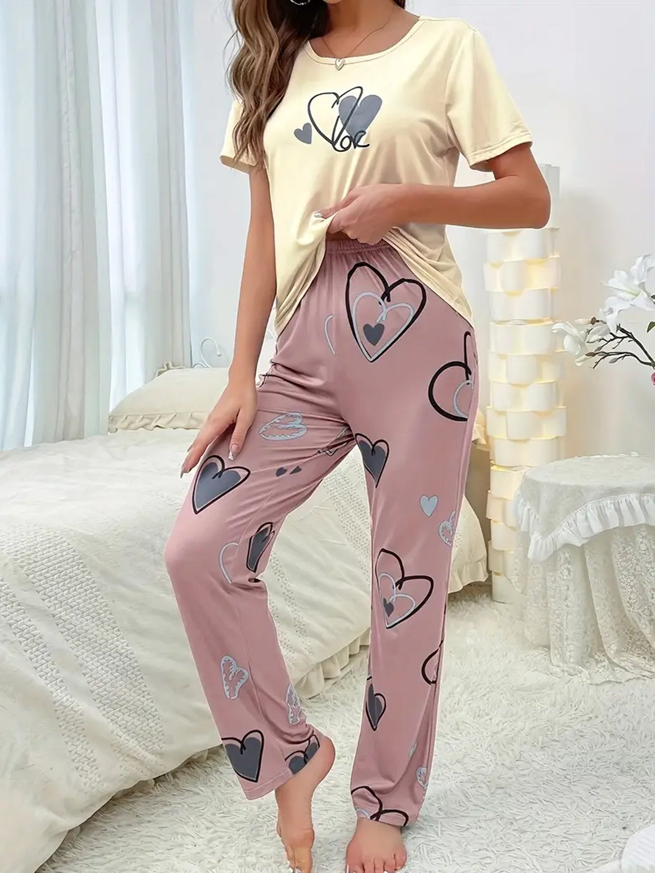 Casual Heart Print Pajama Set