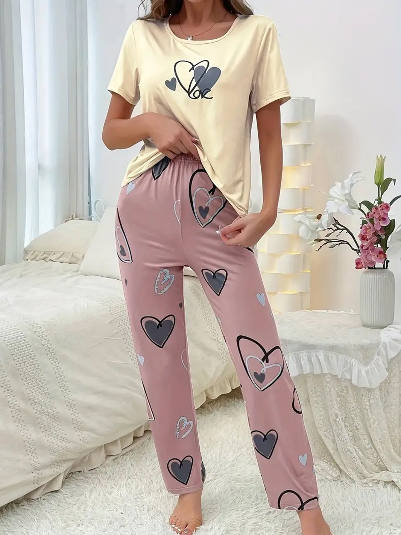 Casual Heart Print Pajama Set