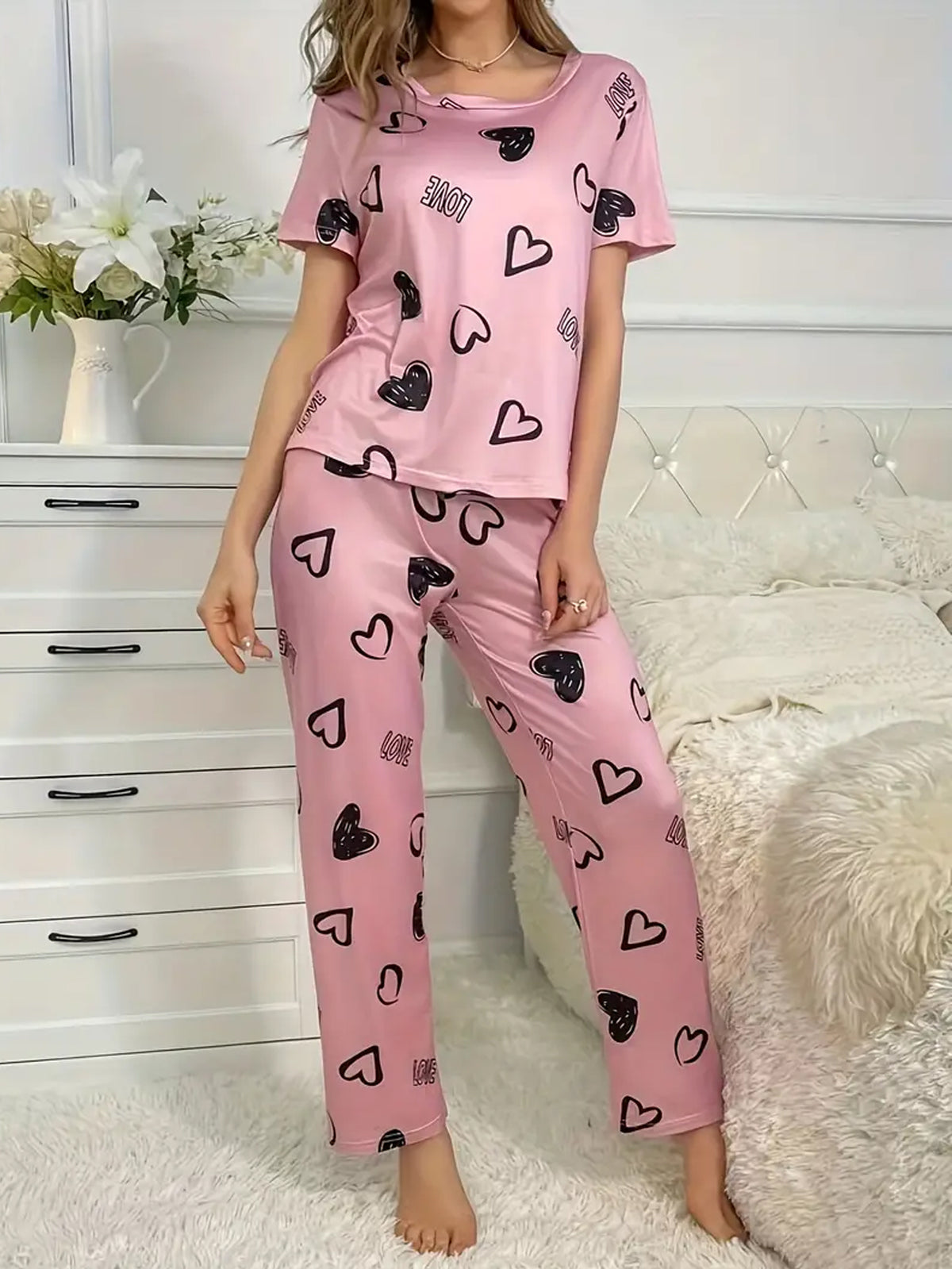 Casual Heart & Letter Print Pajama Set