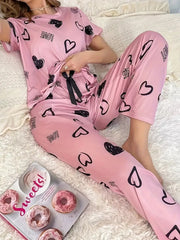 Casual Heart & Letter Print Pajama Set