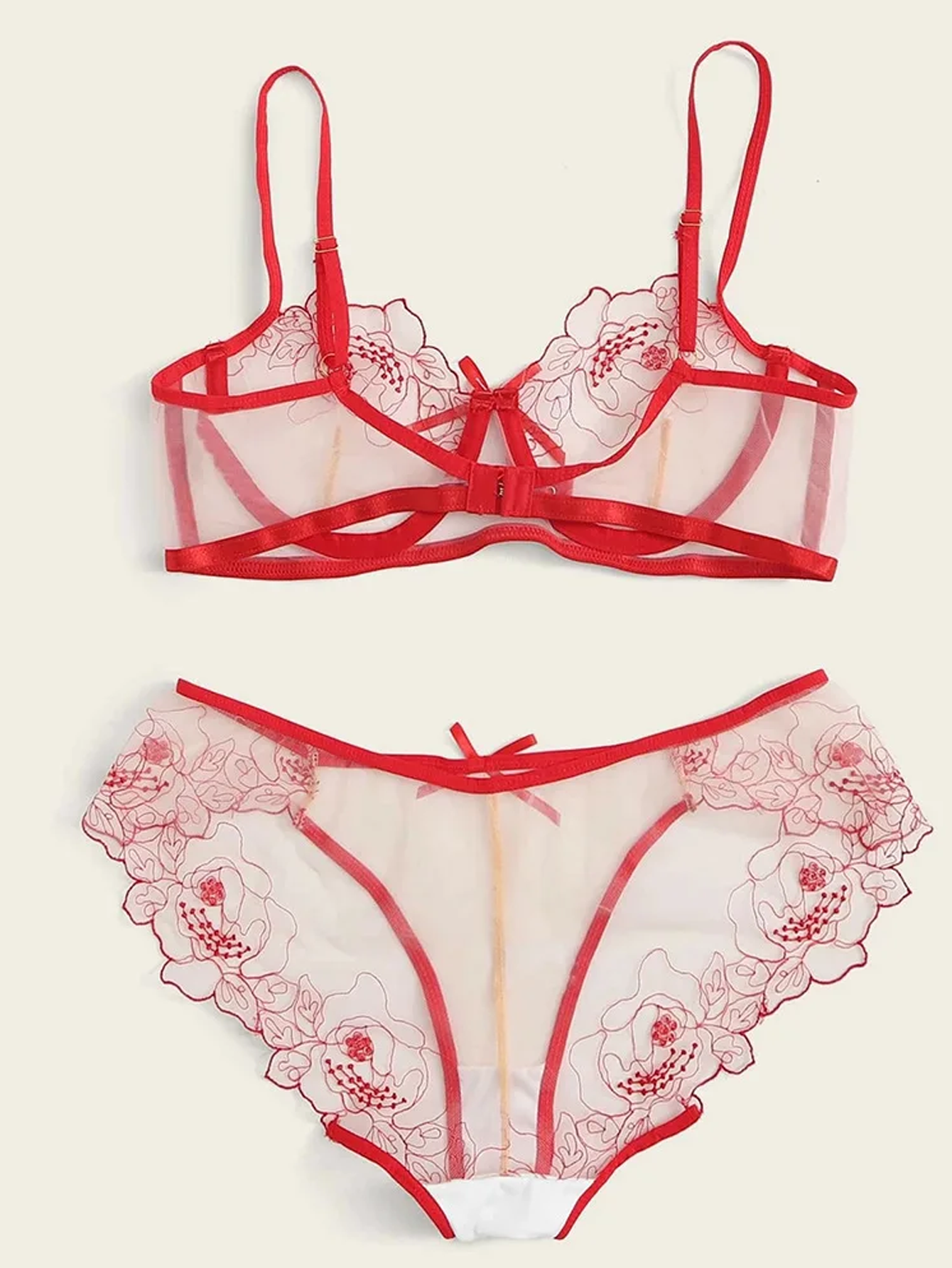Floral Embroidery Mesh Lingerie Set