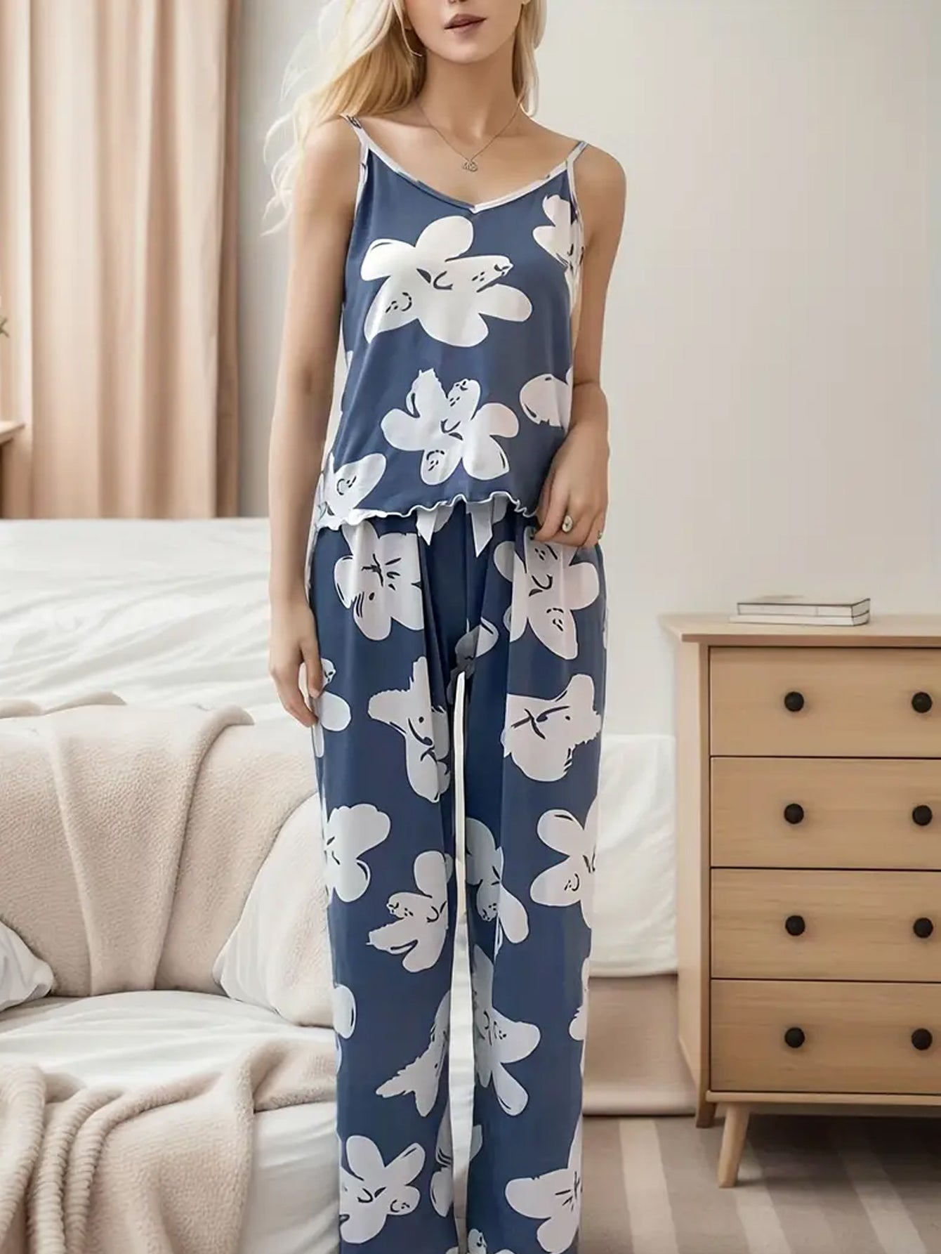 Floral Print Cami Pajama Set - Haze Blue