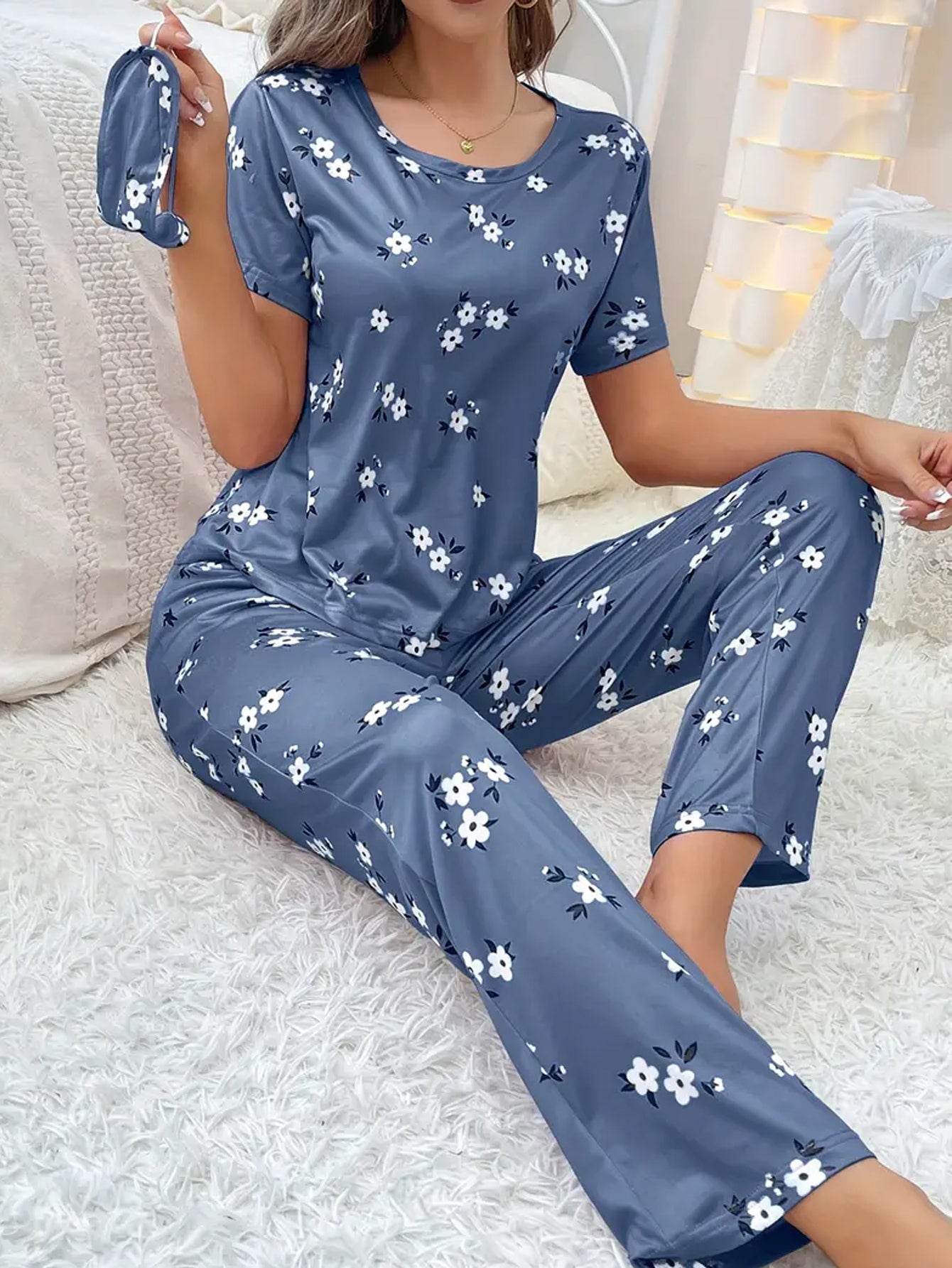 Floral Print Loose Pajama Set - Blue