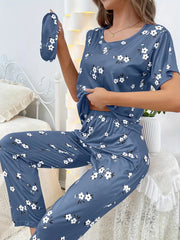 Floral Print Loose Pajama Set - Blue