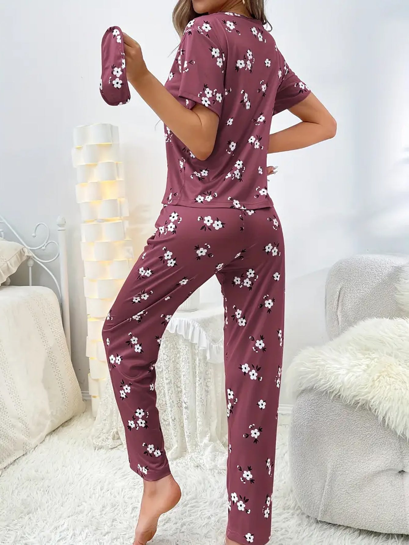 Floral Print Loose Pajama Set - Burgundy