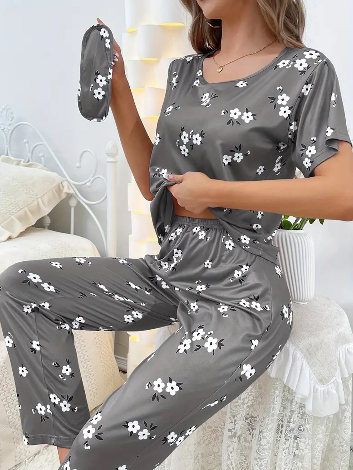 Floral Print Loose Pajama Set - Dark Gray