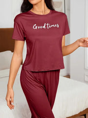 GOOD TIME Letter Print Pajamas Set - Burgundy
