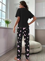 Heart Print Pajama Set - Black